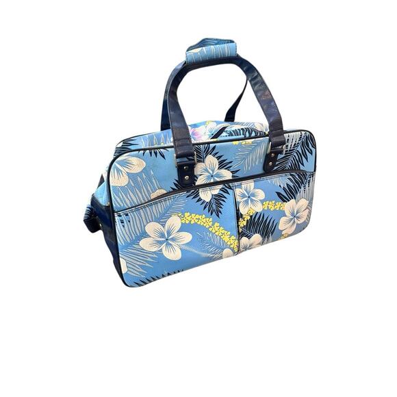 Vintage ROXY Blue White Floral Print Leather Rolling Duffle Bag - Picture 7 of 12
